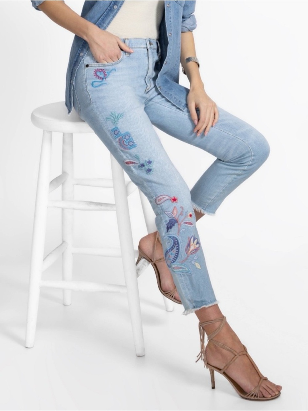 NEW: Johnny Was Light Blue Embroidered Ankle Jeans